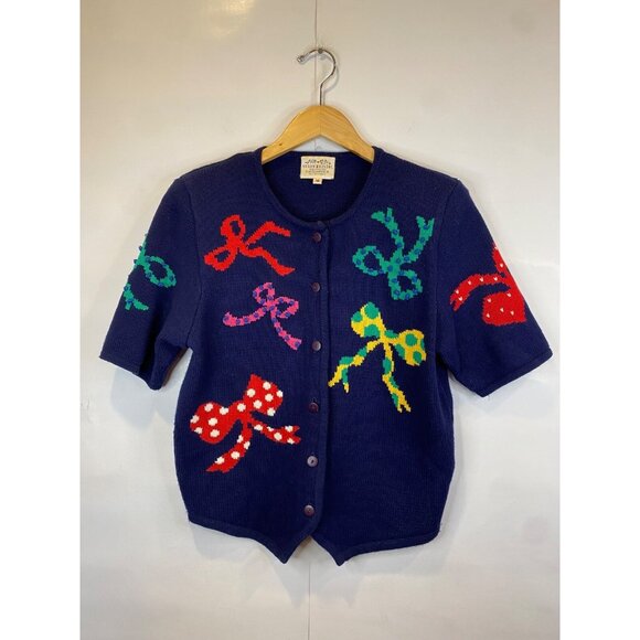 Susan Bristol Short Sleeve Bow Sweater Cardigan Hand Embroidered Vtg Medium - Picture 1 of 14